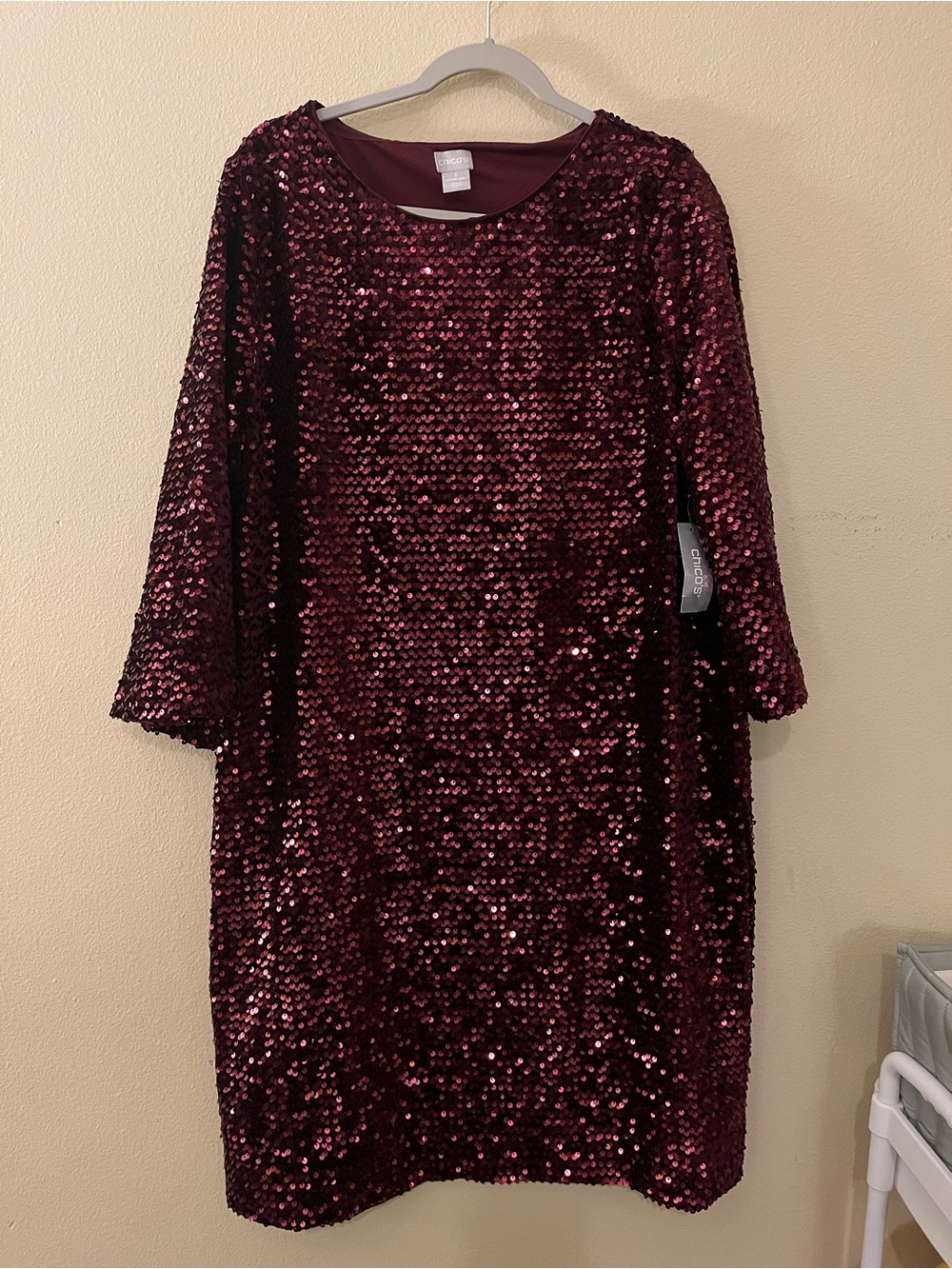 Chico's Burgundy Sequin Long-Sleeve Shift Dress